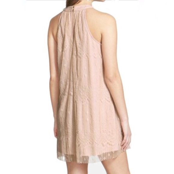 ASTR Dress Blush Pink High Neck Lace Overlay Shift Mini Sz S BNWT Anthropologie - Picture 2 of 16